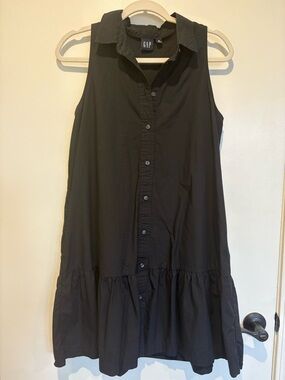 GAP Women’s Black Lightweight Cotton Sleeveless Button-Front Ruffle Hem Dress